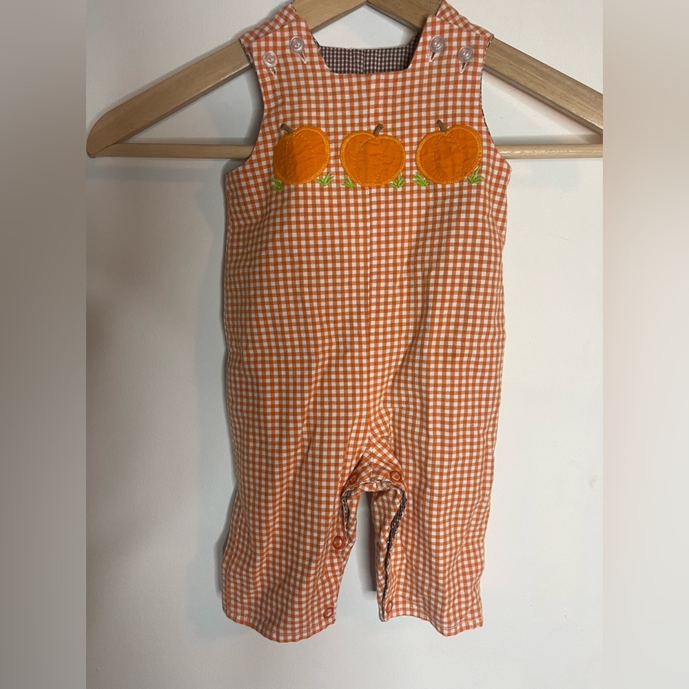 Orange‎ and White 3m gingham overalls with embroidered pumpkins/ Reversible